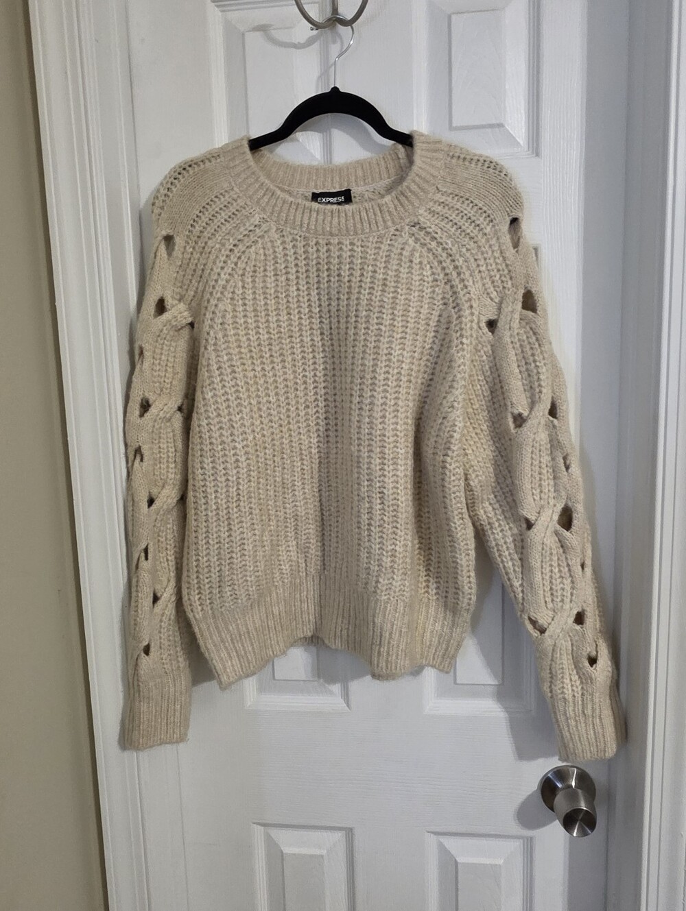 Express Cream Open-Loop Cable Sleeve Crewneck Sweater
